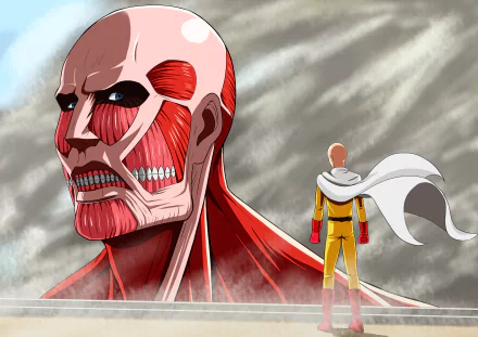HD desktop wallpaper featuring a crossover between Attack on Titan and One-Punch Man, showcasing the Colossal Titan and Saitama facing off in an epic anime scene.
