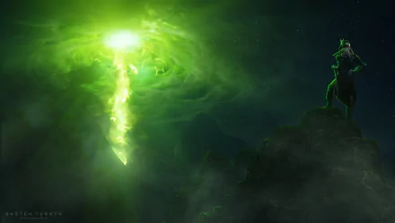 A woman cosplaying a character from Dragon Age: Inquisition stands on a peak, gazing at a mystical green vortex, as featured in this HD desktop wallpaper and background.