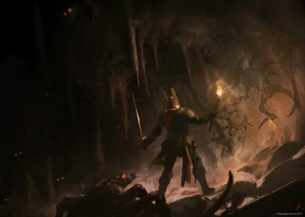 A fantasy warrior holding a torch and sword confronts a shadowy creature inside a dark, ominous cave. This HD PC desktop wallpaper captures an intense, adventurous scene.