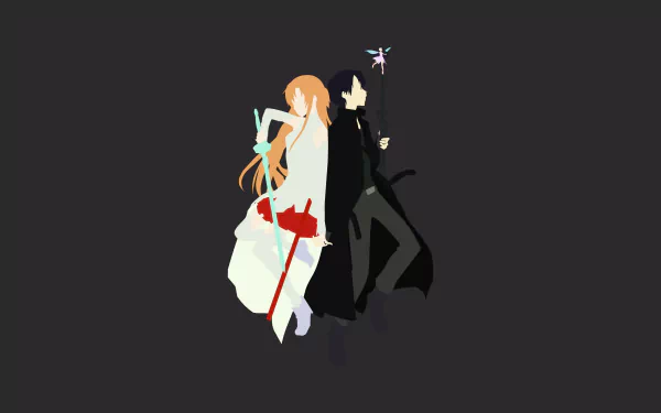 4K Ultra HD Sword Art Online desktop wallpaper showing Kirito and Asuna Yuuki back-to-back: minimalist anime silhouettes — Asuna in white with a red sword, Kirito in a black cloak on a dark background.