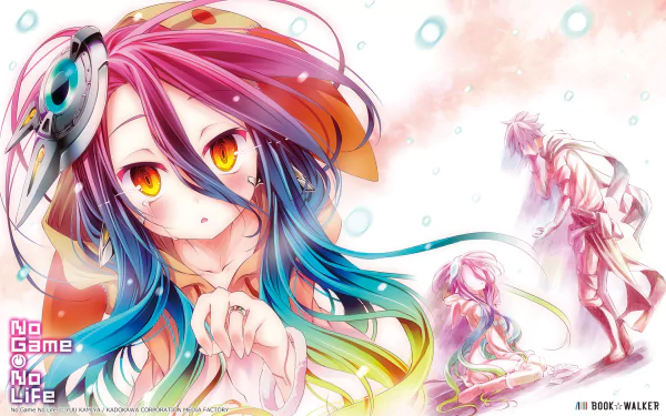 HD desktop wallpaper featuring Riku and Shuvi Dola from No Game No Life: Zero anime. Riku stands in the background, while Shuvi is prominently displayed with vibrant, colorful hair.