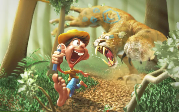 A funny, pencil-style fantasy scene of a child running scared from a saber-toothed tiger in a forest, designed as an HD PC desktop wallpaper background.