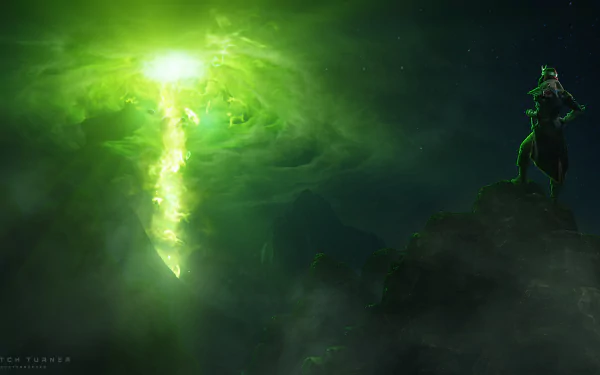 A woman cosplaying a character from Dragon Age: Inquisition stands on a peak, gazing at a mystical green vortex, as featured in this HD desktop wallpaper and background.