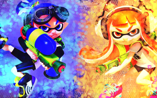 HD desktop wallpaper featuring Inklings from the Nintendo video game Splatoon. The vibrant image showcases two characters, one in blue and the other in orange, holding colorful ink weapons.