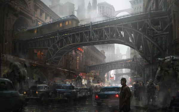 A bustling dieselpunk sci-fi city street with people, cars, trams, and robots, featuring towering bridges. The moody setting makes it a striking HD desktop wallpaper.