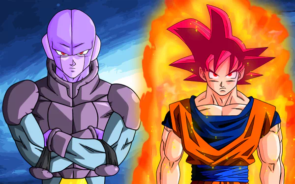 High-resolution 8K wallpaper featuring Super Saiyan God Goku and Hit from Dragon Ball Super in a dynamic anime showdown.