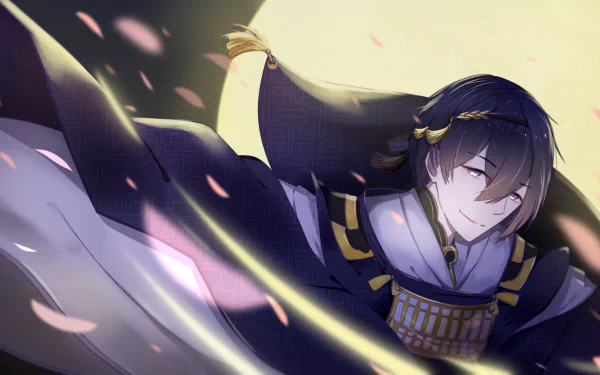 HD anime desktop wallpaper featuring Mikazuki Munechika from Touken Ranbu, depicted in dynamic motion with flowing dark hair and petals swirling around.