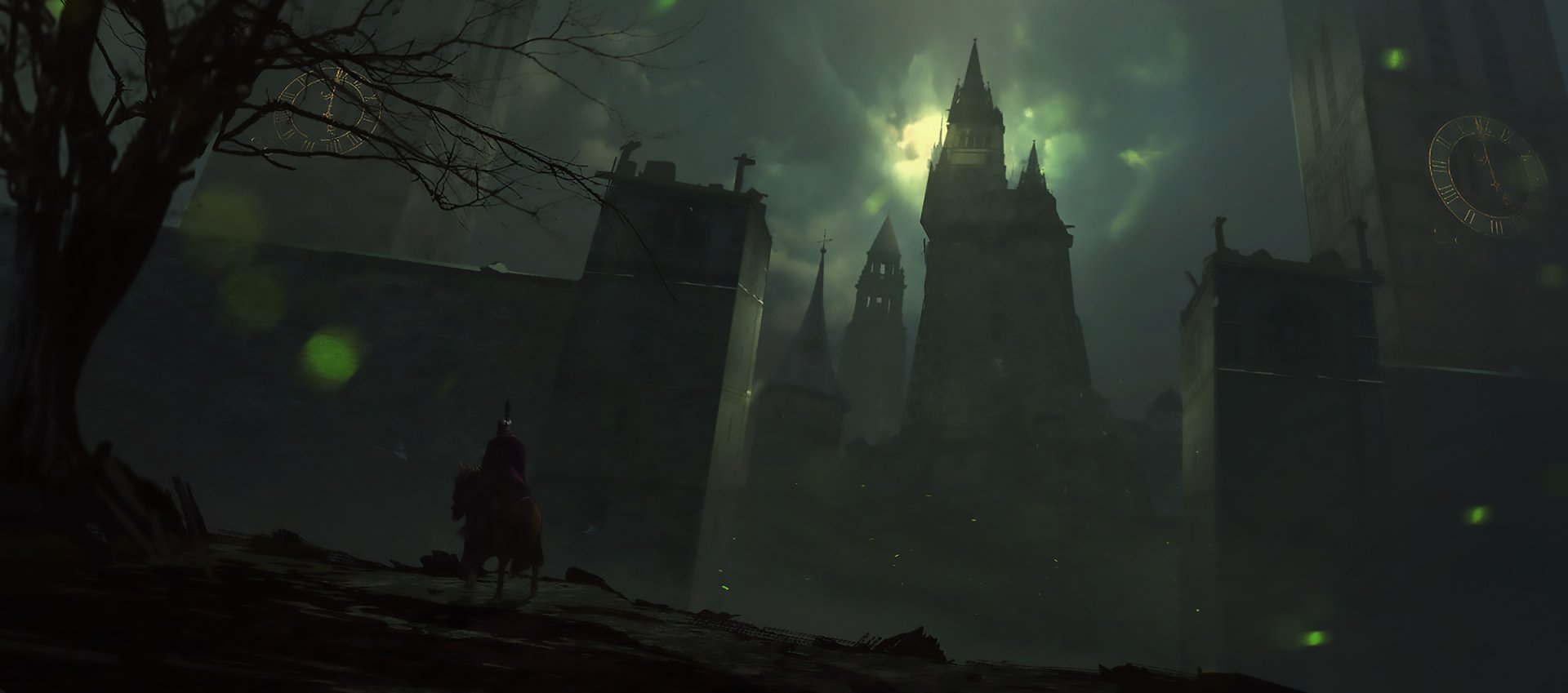 Dark fantasy HD PC desktop wallpaper/background: lone rider approaches a towering gothic castle beneath a sickly green sky, fog and spires looming.