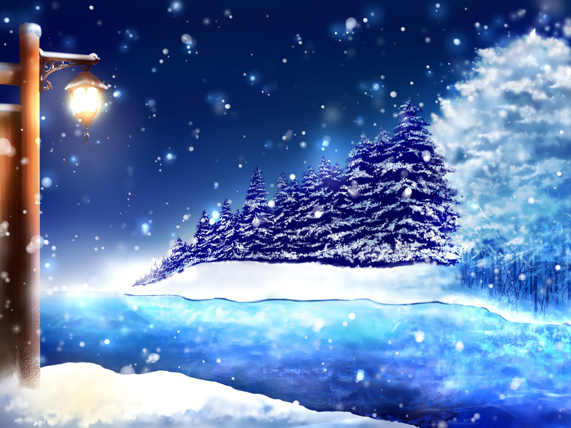 Anime-style HD winter night scene featuring snow-covered mountains, pine trees, a glowing lantern, and softly falling snowflakes reflected in a tranquil icy landscape.