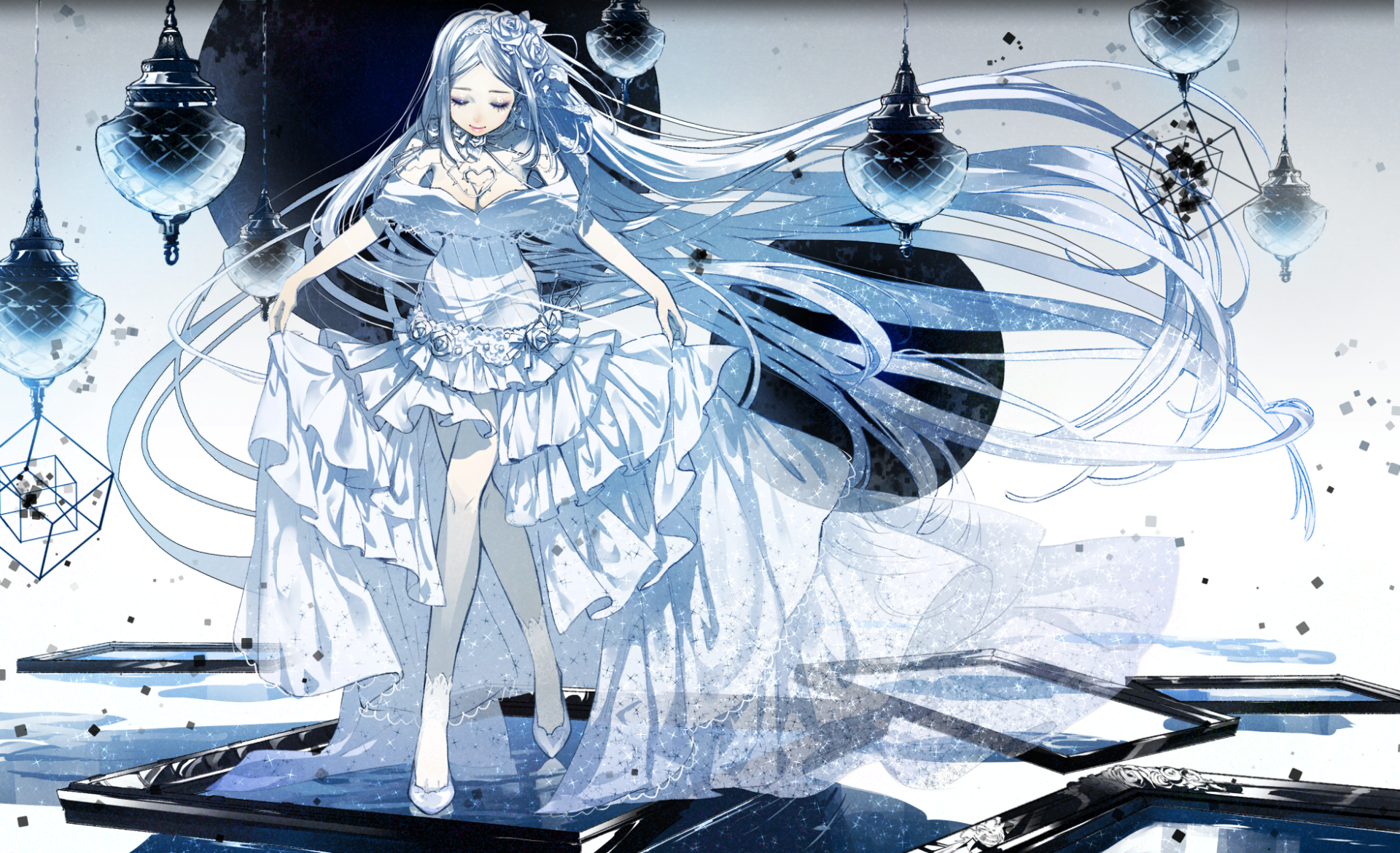A white-haired gothic anime girl in an intricate flowing dress stands amidst dark, floating orbs, creating a striking HD original anime desktop wallpaper.