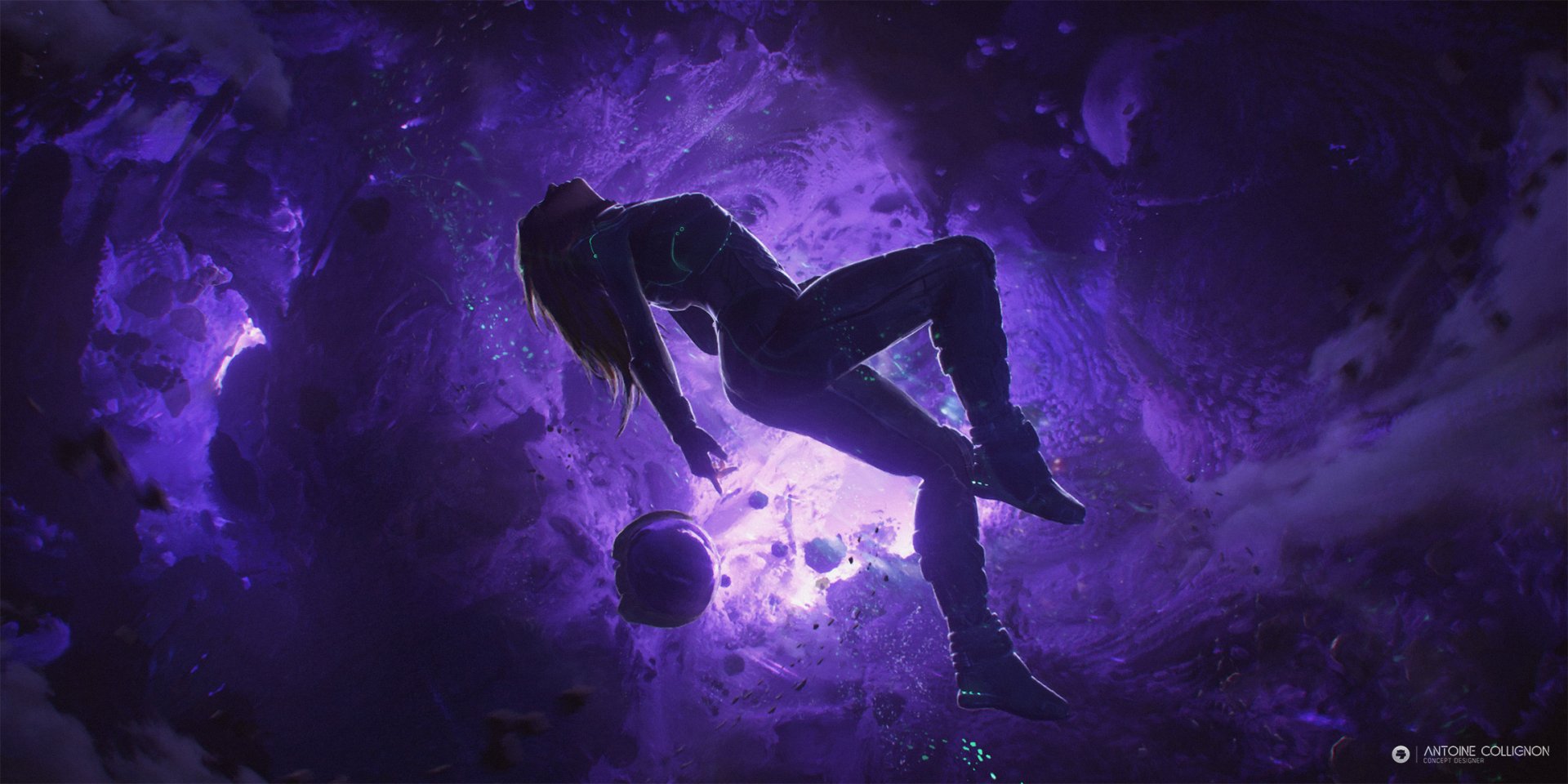 A woman in a space suit floats in a purple-hued cosmic background in this Sci-Fi themed HD desktop wallpaper.