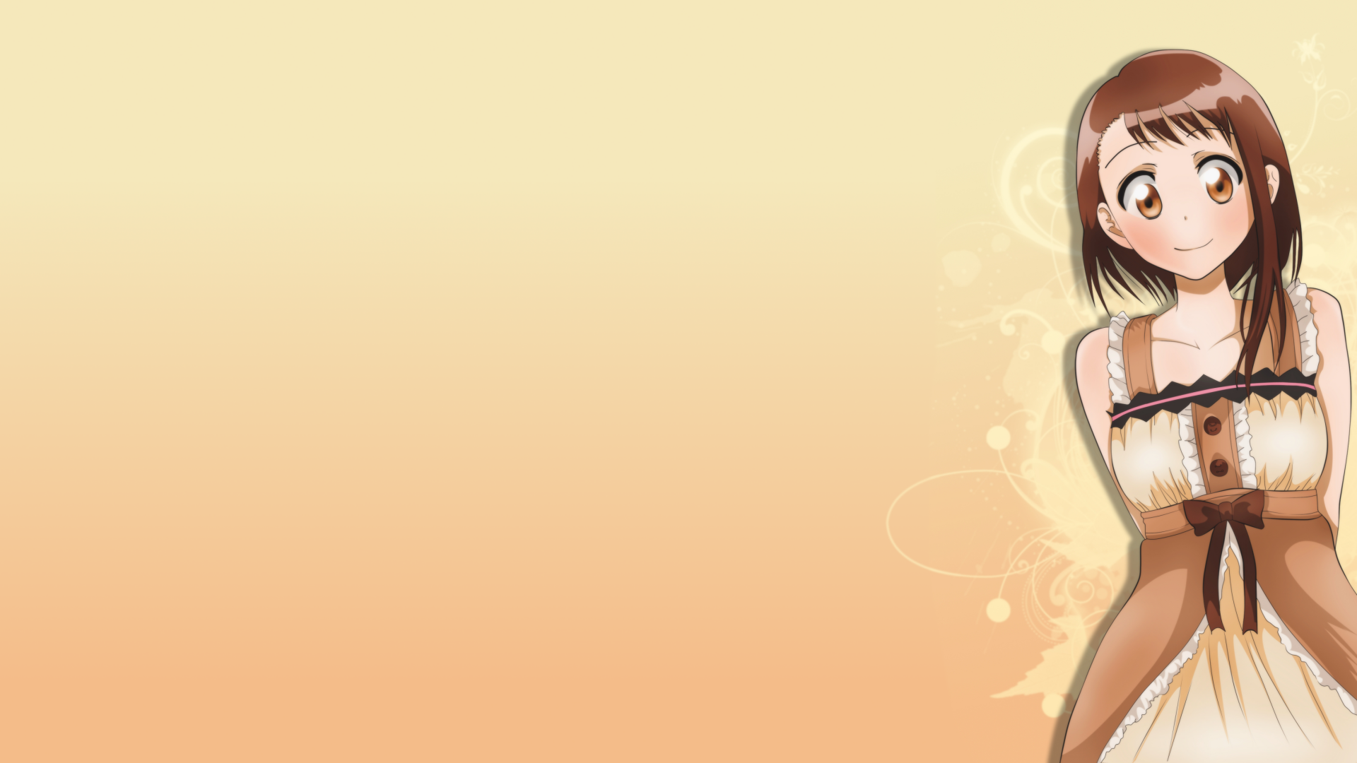 Kosaki Onodera from Nisekoi smiles at right on a soft peach gradient with decorative floral swirls — 2K Quad HD anime PC desktop wallpaper/background.