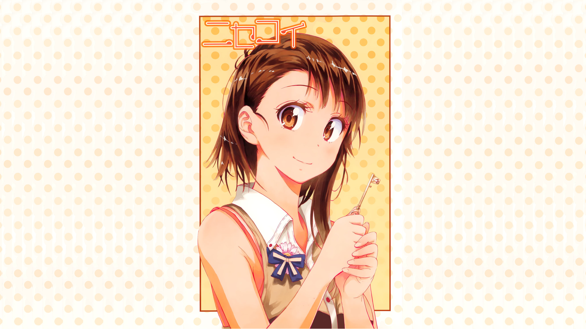 HD PC desktop wallpaper/background featuring Kosaki Onodera from Nisekoi — anime portrait of her smiling and holding a small flower against a warm polka-dot backdrop.