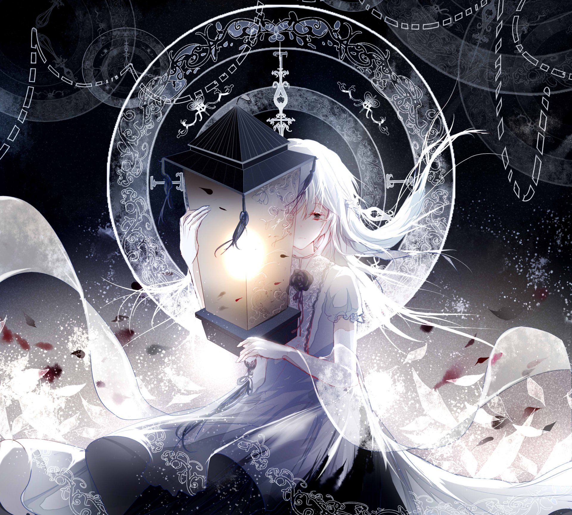 Anime character with white hair in a flowing dress holding a glowing lantern surrounded by intricate designs, flowers, and mystical symbols. HD desktop wallpaper with an original, ethereal atmosphere.