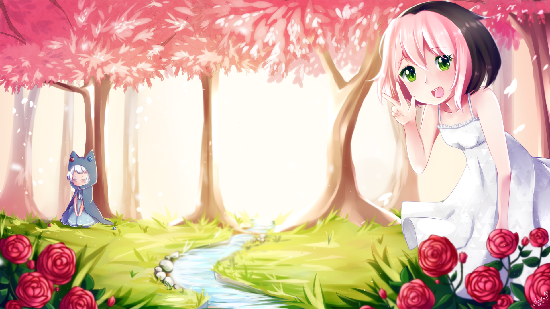 HD PC desktop wallpaper featuring a vibrant Osu! video game scene with a pink-haired anime girl under cherry blossom trees by a flowing stream surrounded by roses.