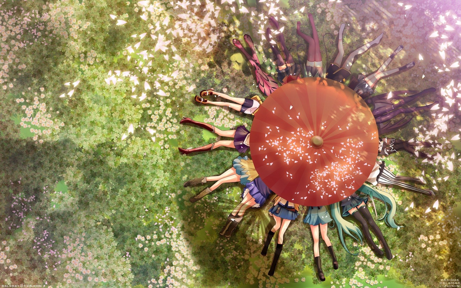 HD PC desktop wallpaper featuring a vibrant Japanese anime crossover scene in spring, with characters arranged around a large red umbrella amid blooming petals and lush greenery.