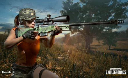 HD desktop wallpaper featuring a sniper from the video game PlayerUnknown's Battlegrounds, aiming a rifle in a scenic outdoor environment. Bluehole logo on bottom left, game logo on bottom right.