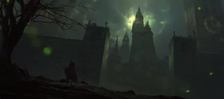 Dark fantasy HD PC desktop wallpaper/background: lone rider approaches a towering gothic castle beneath a sickly green sky, fog and spires looming.