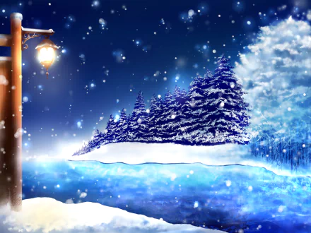 Anime-style HD winter night scene featuring snow-covered mountains, pine trees, a glowing lantern, and softly falling snowflakes reflected in a tranquil icy landscape.