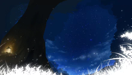 HD anime desktop wallpaper: original anime night scene of a starry sky through a tree arch, a glowing lantern and moonlit grass.