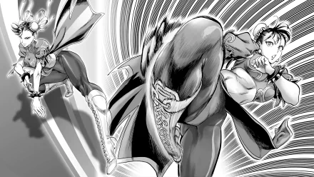 Black and white HD PC desktop wallpaper featuring Chun-Li from the Street Fighter video game in a dynamic fighting pose.