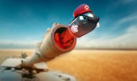 Bullet Bill from Super Mario Odyssey emerging from a cannon in a HD desktop wallpaper and background, set against a vast, blurred desert landscape.