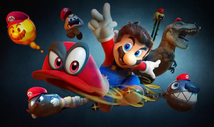 HD wallpaper featuring Mario from Super Mario Odyssey surrounded by Cappy, Bullet Bill, Chain Chomp, Goomba, T-Rex, Lava Bubble, and Uproot, all set against a dark background.