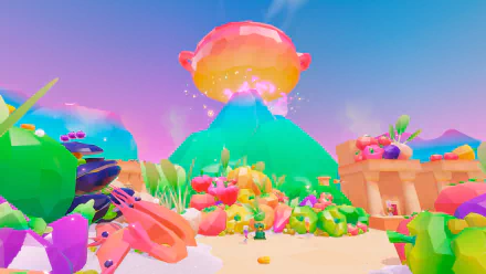 Colorful HD desktop wallpaper featuring a vibrant scene from the video game Super Mario Odyssey, showcasing a fantastical landscape with a glowing sky and bright, whimsical elements.