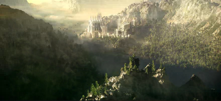 HD fantasy PC desktop wallpaper featuring a majestic castle nestled among misty mountains and dense forests under a glowing sky.