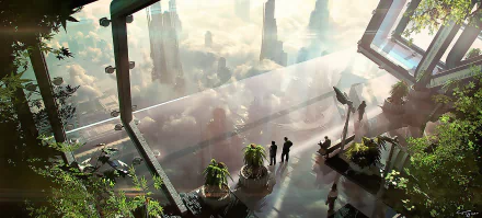 Futuristic sci-fi cityscape viewed from a high-tech balcony with lush greenery, towering skyscrapers, and misty clouds, designed as an HD PC desktop wallpaper.