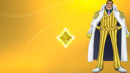 Kizaru (One Piece) in a yellow striped suit and white coat stands at right against a glowing golden background with a luminous emblem — HD anime desktop wallpaper.