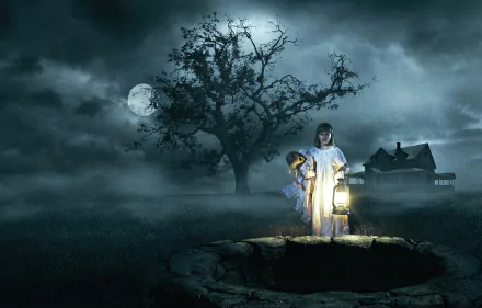 Annabelle: Creation movie 4K Ultra HD PC desktop wallpaper: two girls in nightgowns at a stone well, one holding a lantern beneath a moonlit tree and distant house