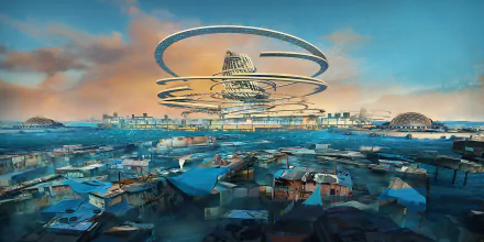 Futuristic sci-fi cityscape with towering spiraling structures above a sprawling urban area, rendered in high definition as a vivid PC desktop wallpaper.