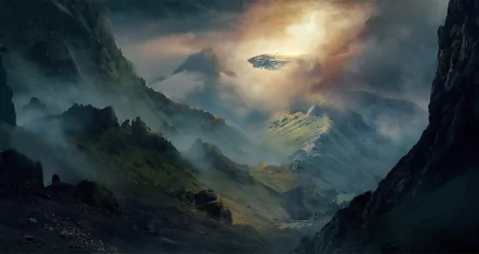 HD fantasy landscape wallpaper depicting a misty mountain valley bathed in soft light, with a hovering futuristic ship in the sky creating a mystical, otherworldly atmosphere.