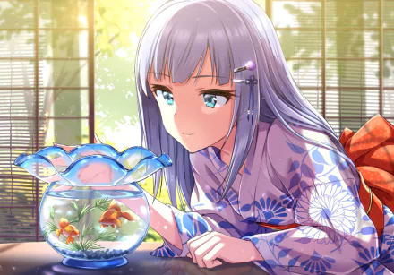 Tsumugi Shiraishi from THE iDOLM@STER: Million Live! in a detailed anime style, gazing at goldfish in a bowl, designed as an HD PC desktop wallpaper and background.