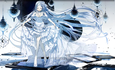 A white-haired gothic anime girl in an intricate flowing dress stands amidst dark, floating orbs, creating a striking HD original anime desktop wallpaper.