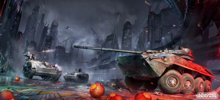 HD PC desktop wallpaper for the video game Armored Warfare: BTR-80 armored personnel carriers advancing through a rain-swept futuristic city skyline, scattered orange debris in the foreground.