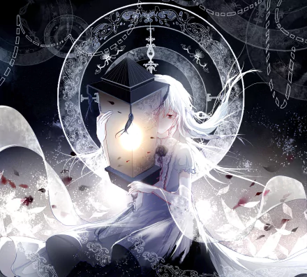 Anime character with white hair in a flowing dress holding a glowing lantern surrounded by intricate designs, flowers, and mystical symbols. HD desktop wallpaper with an original, ethereal atmosphere.
