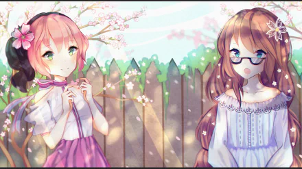 HD PC desktop wallpaper featuring two anime-style characters from the video game Osu! standing in front of a cherry blossom tree and wooden fence background.