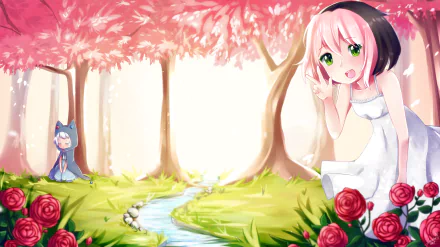 HD PC desktop wallpaper featuring a vibrant Osu! video game scene with a pink-haired anime girl under cherry blossom trees by a flowing stream surrounded by roses.