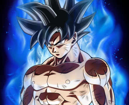 HD desktop wallpaper featuring Goku in Ultra Instinct form from Dragon Ball Super. He stands with a serious expression, surrounded by a blue aura.