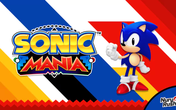 HD desktop wallpaper of Sonic Mania featuring the iconic blue Sonic the Hedgehog against a vibrant geometric background.