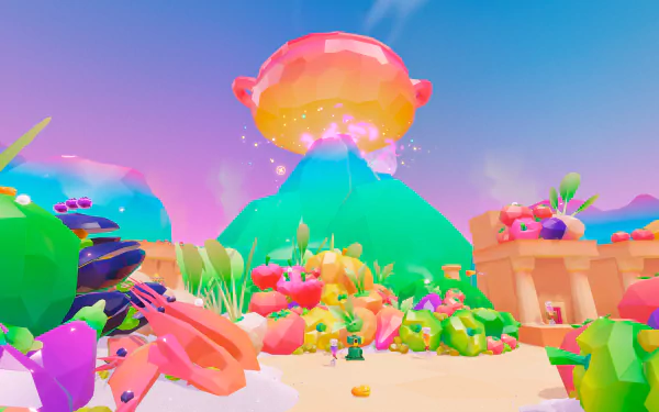 Colorful HD desktop wallpaper featuring a vibrant scene from the video game Super Mario Odyssey, showcasing a fantastical landscape with a glowing sky and bright, whimsical elements.