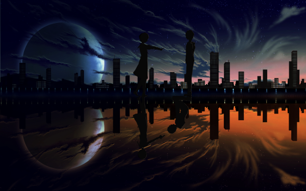 Anime Original Sunset City Reflection Lake HD Wallpaper | Background Image