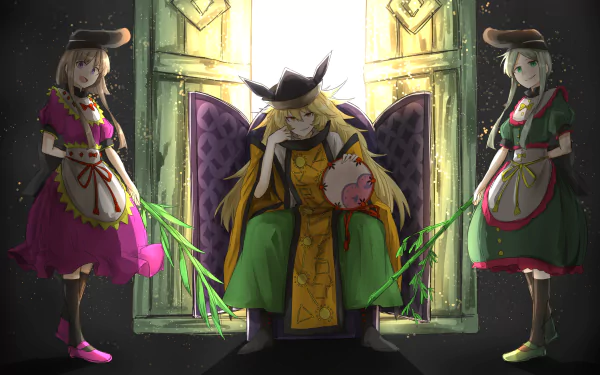 HD anime desktop wallpaper featuring Mai Teireida, Satono Nishida, and Okina Matara from Touhou, with dramatic lighting and detailed character designs in a throne room setting.