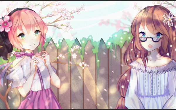 HD PC desktop wallpaper featuring two anime-style characters from the video game Osu! standing in front of a cherry blossom tree and wooden fence background.