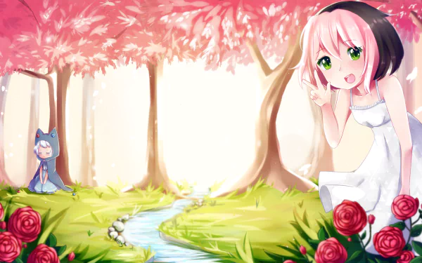 HD PC desktop wallpaper featuring a vibrant Osu! video game scene with a pink-haired anime girl under cherry blossom trees by a flowing stream surrounded by roses.