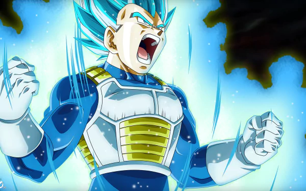 HD desktop wallpaper of Vegeta from Dragon Ball Super, showing him in a powerful stance with blue aura, clenched fists, and Super Saiyan Blue transformation.