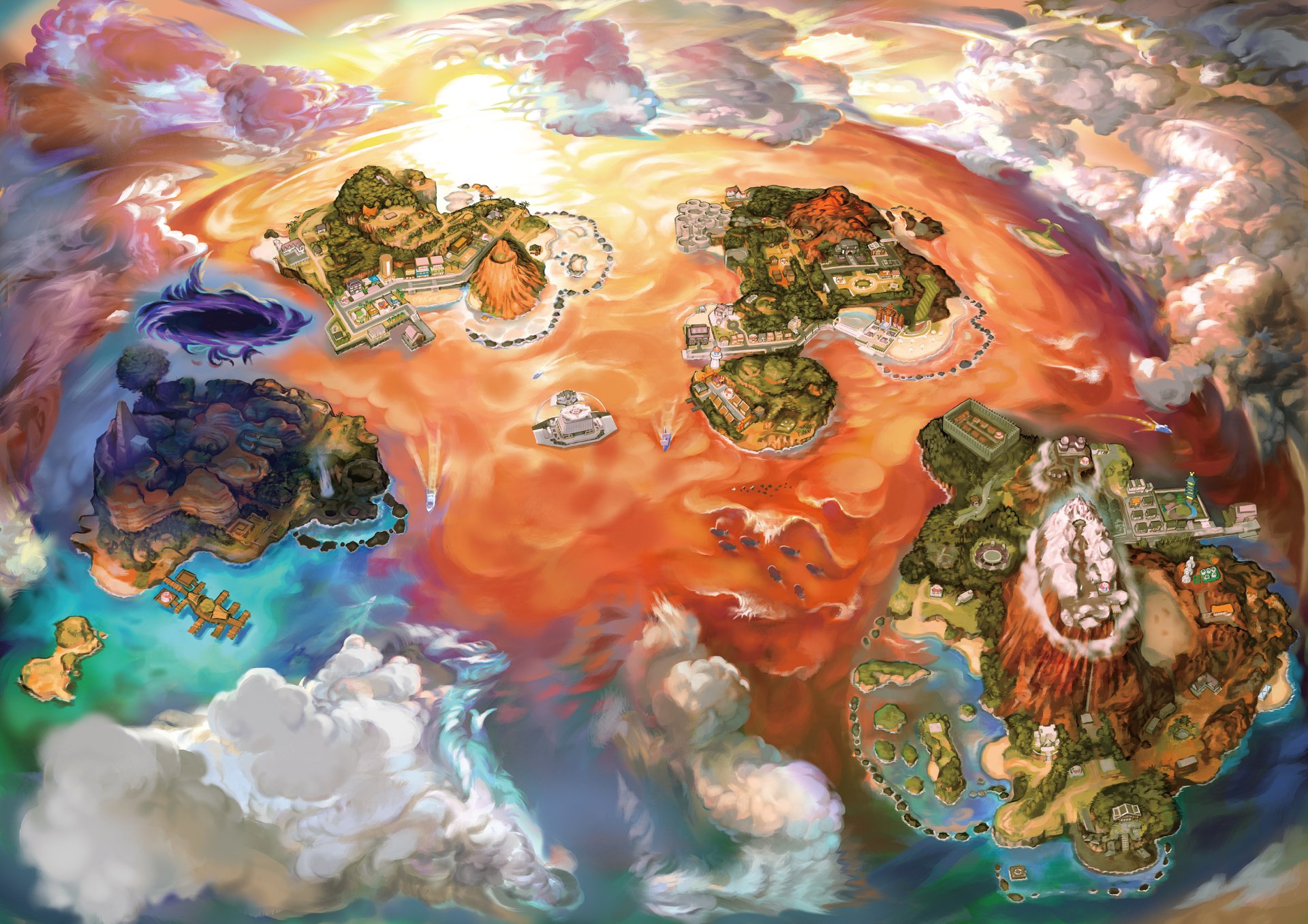 HD desktop wallpaper featuring a vibrant map of the Alola region from the video games Pokémon Ultra Sun and Ultra Moon, showcasing islands and landmarks in vivid colors.
