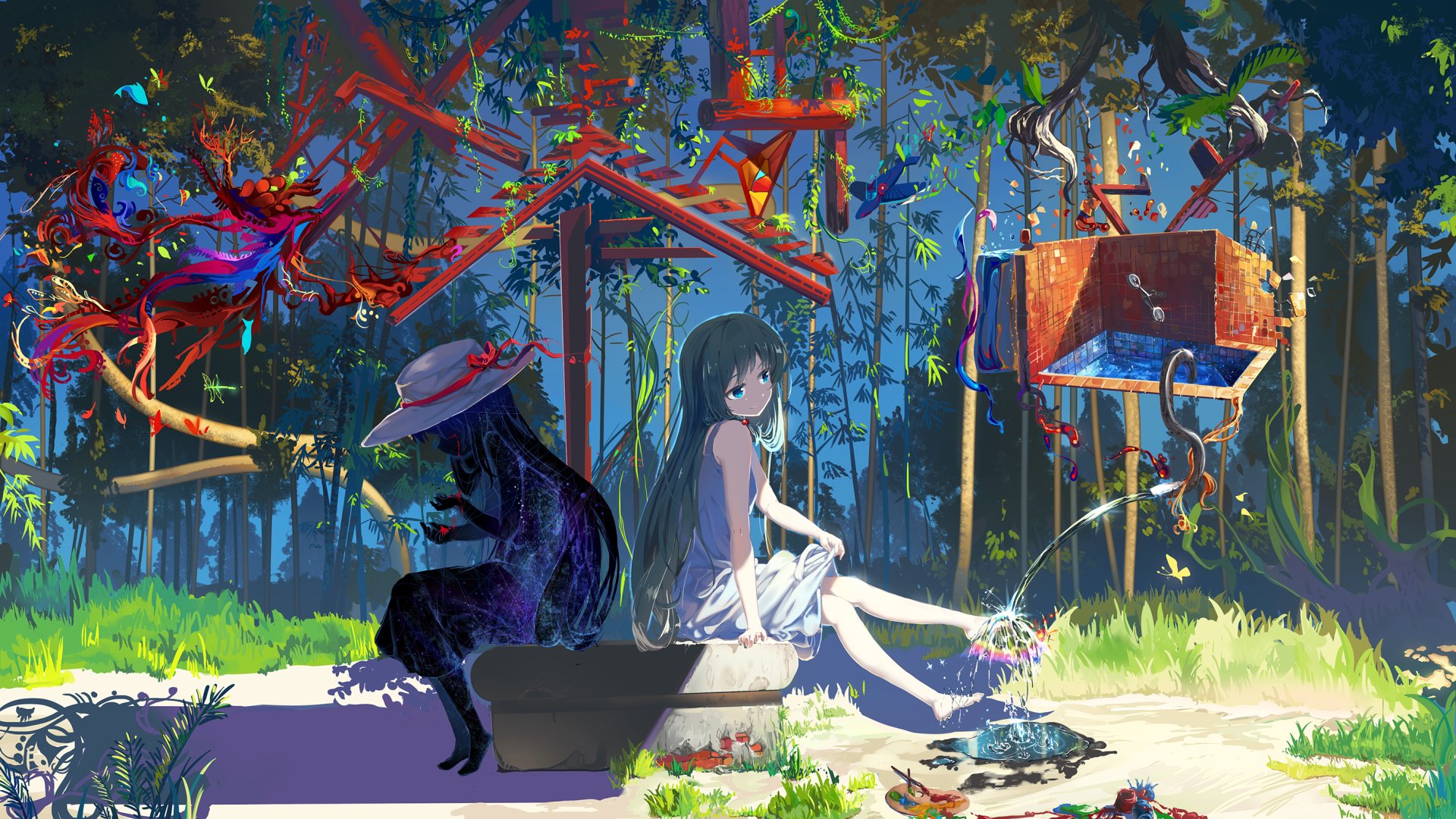 An anime scene featuring a girl with blue eyes in a white dress sitting beside a shadowy figure in a hat. They are surrounded by sunlight and water splashes in a colorful, paint-like forest background.